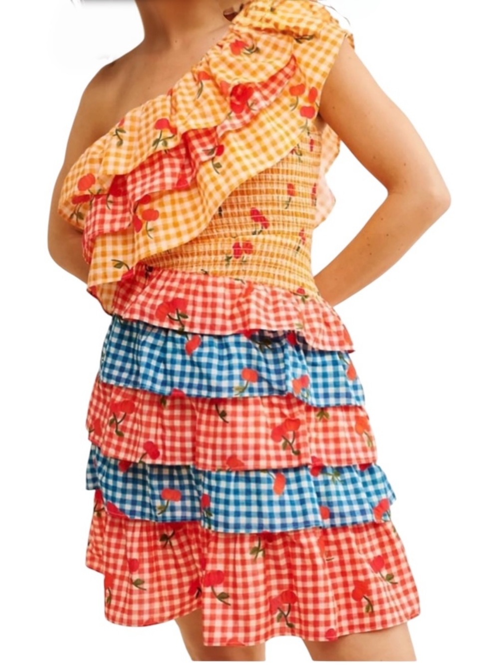 FARM Rio Anthropologie Cherry Gingham One Shoulder Ruffle Tiered Mini Dress XS - Picture 6 of 9